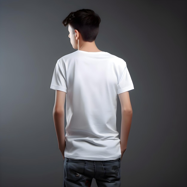 Back View of Man in Blank White T-Shirt on Grey Background