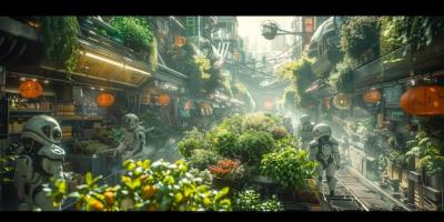 Astronauts Surrounded by Plants in a Modern City Garden