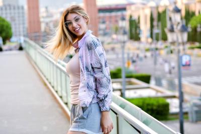 Outdoor Positive Spring Portrait of Happy Blonde Stylish Woman