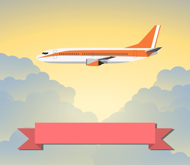 Vector Illustration of Civilian Plane Flying with Clouds and Travel Sign