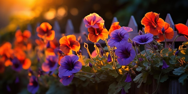 Cascade of fieryhued nasturtiums contrasting with the neat lines of a garden fence