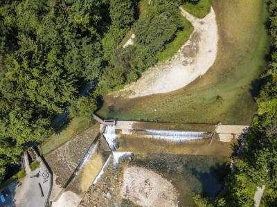 Top view of a flowing river next to a forest – Free Stock Photo Download