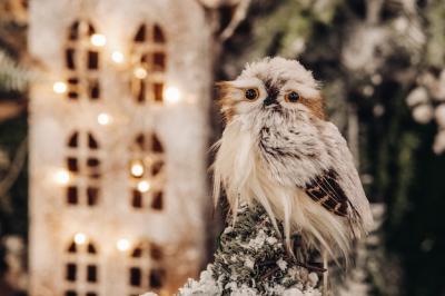 Decorative Little Toy Owl on Christmas Tree Branch with Blurred Handmade House and Illuminated Garland