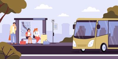 Vector illustration of people with suitcases waiting for bus at a comfortable stop