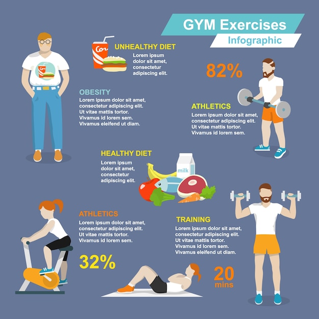 Gym Sport Exercises Fitness and Healthy Lifestyle Infographic Set