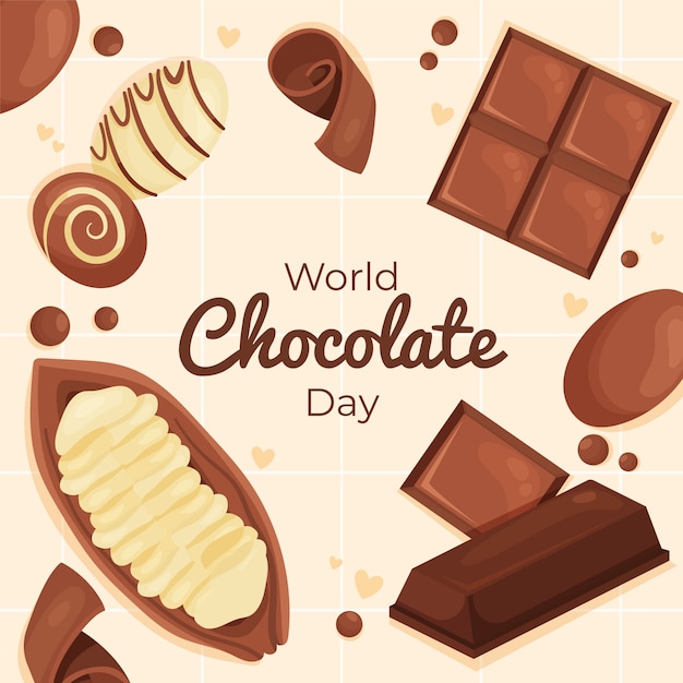 Flat World Chocolate Day Illustration with Chocolate Sweets and Cocoa Bean