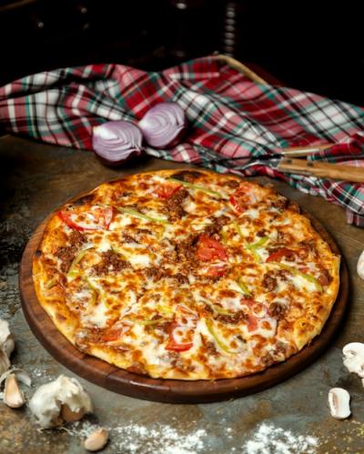 Meat Pizza with Bell Peppers, Tomato, and Cheese