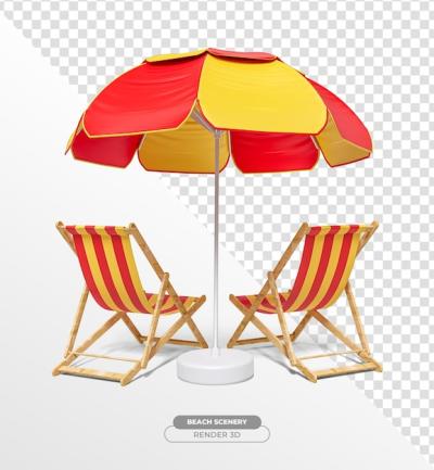 Realistic 3D Render of Beach Chairs with Umbrella