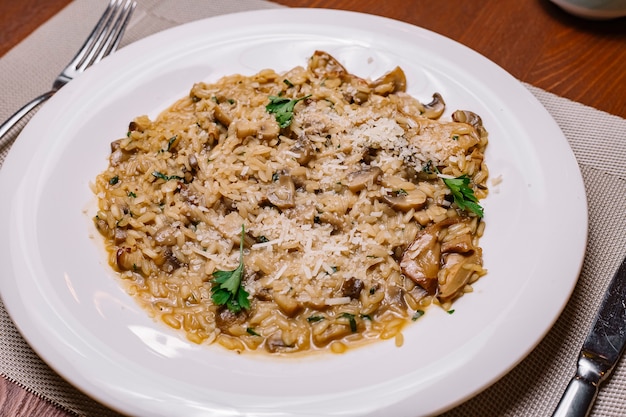 Mushroom risotto garnished with grated parmesan and parsley – Free Download