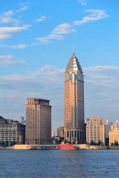 Shanghai Historic and Urban Buildings Over Huangpu River in the Morning with Blue Sky