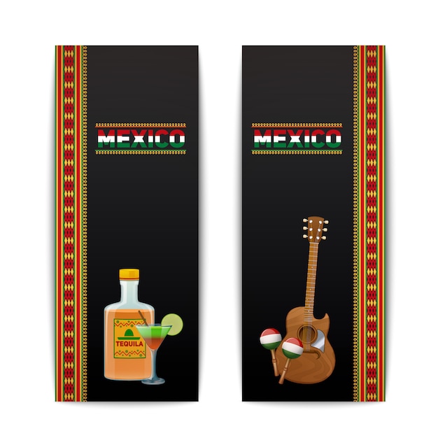 Mexican Banners Vertical Set with Tequila Cocktail Maraca and Guitar Isolated