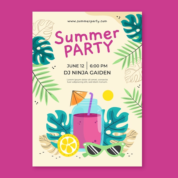 Flat party poster template for summer season