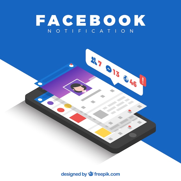 Isometric View of Mobile Phone with Facebook Notifications