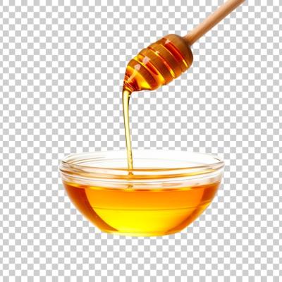 Honey stick and bowl of pouring honey isolated on a transparent background