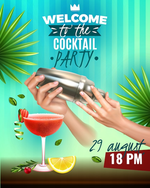 Realistic Cocktail Party Colorful Poster with Bartender Hands Making Delicious Drinks