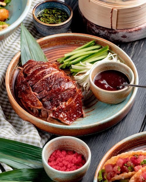 Traditional Asian Food Peking Duck with Cucumbers and Sauce on a Plate