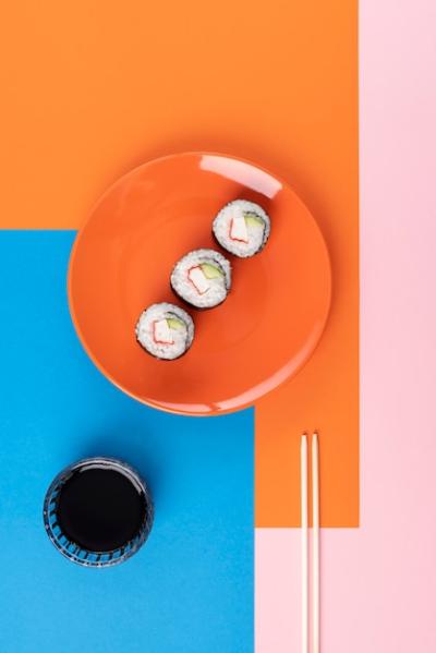 Tasty Sushi and Soy Sauce Top View – Free Download Stock Photo