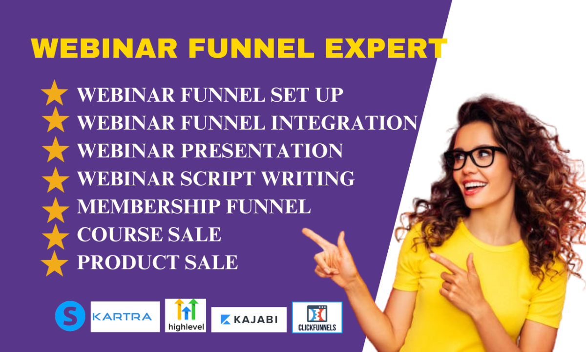 I will do webinar sales funnel using evergreen webinar clickfunnels kartra kajabi