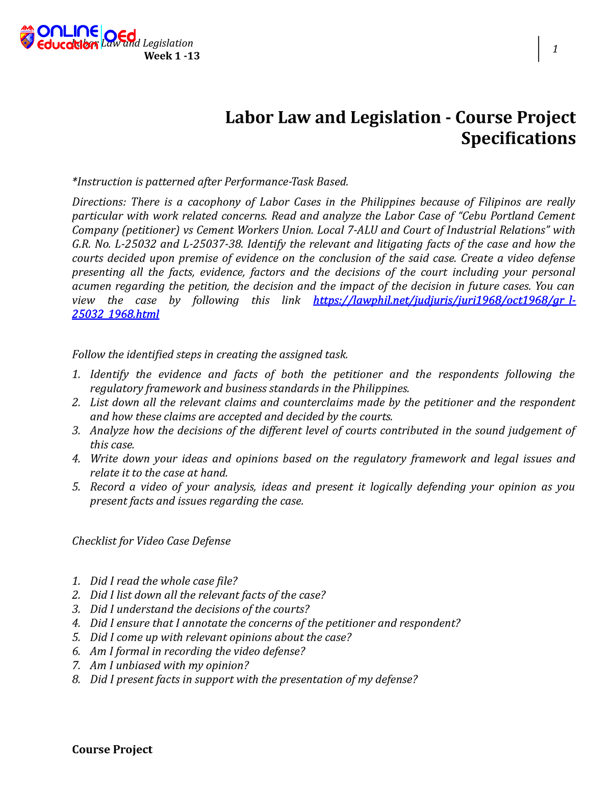 Course ProjectLabor Law Labor Law and Legislation Week 1 1 Labor 