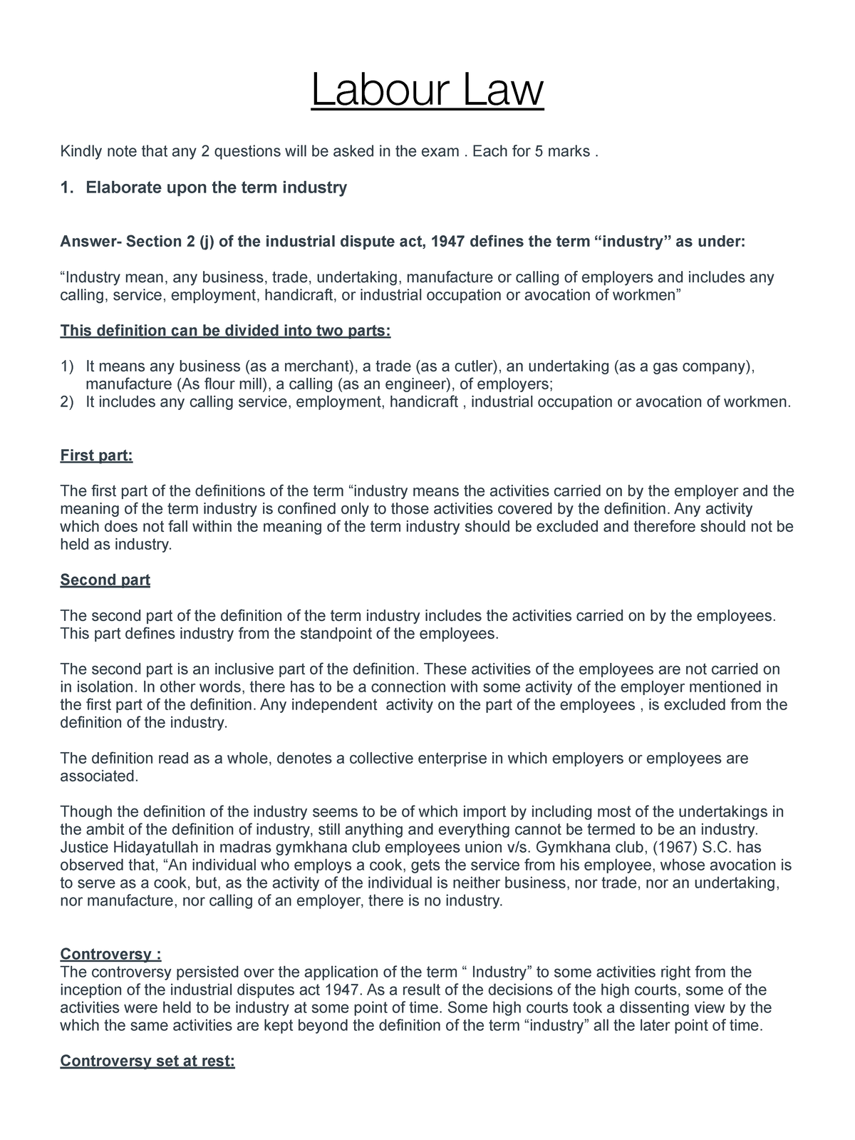 Labour Law pracitcals v1 Labour Law Kindly note that any 2 questions 