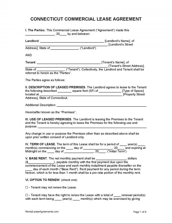 Free Connecticut Commercial Lease Agreement PDF MS Word