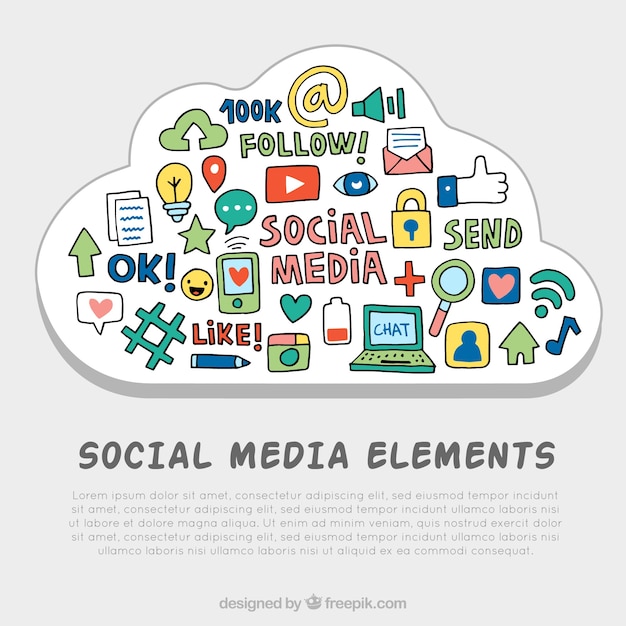 Hand drawn social media elements in a cloud shape