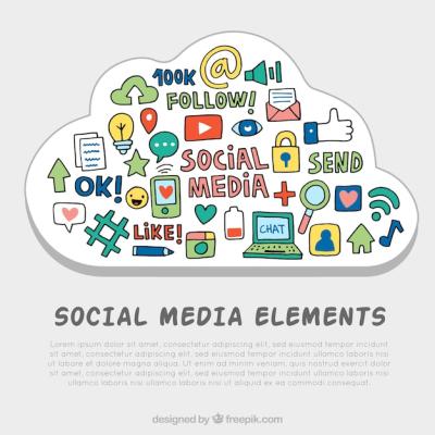 Hand drawn social media elements in a cloud shape