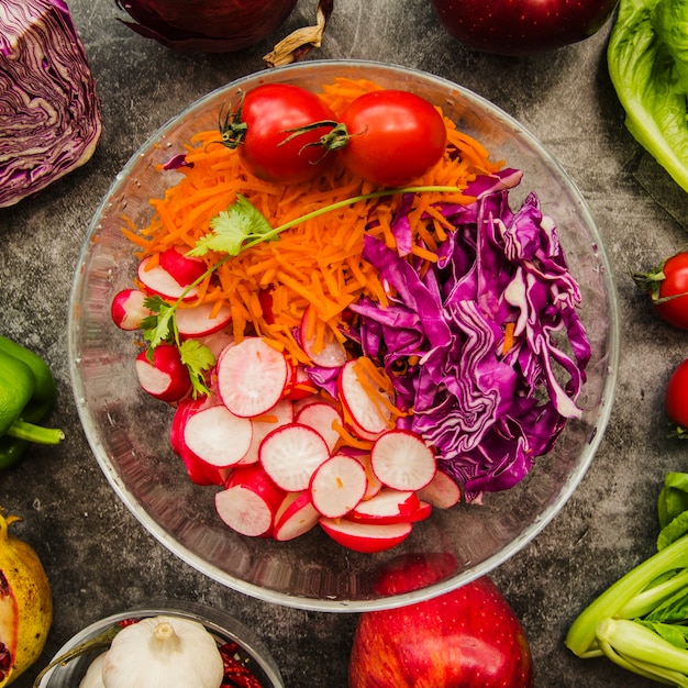 Elevated View of Fresh Chopped Salad in Transparent Bowl