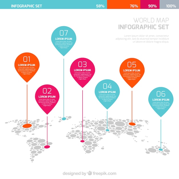 World map infographic with pointers