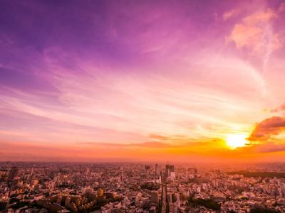 Beautiful Aerial View of Architecture and Buildings in Tokyo City at Sunset Time