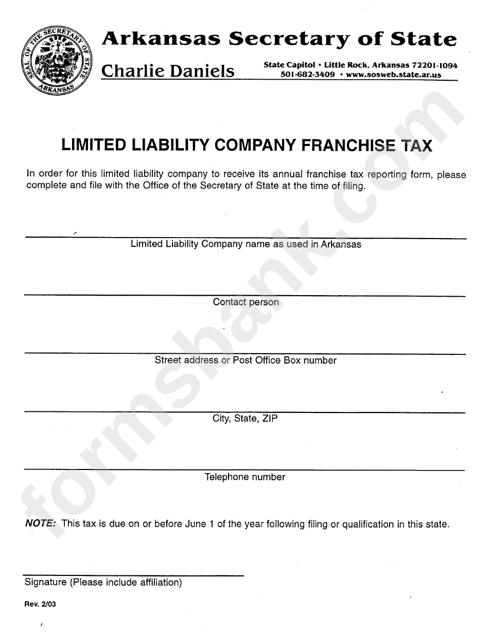 Limited Liability Company Franchise Tax Arkansas Secretary Of State 