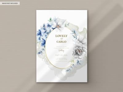 Wedding invitation card with blue and grey floral