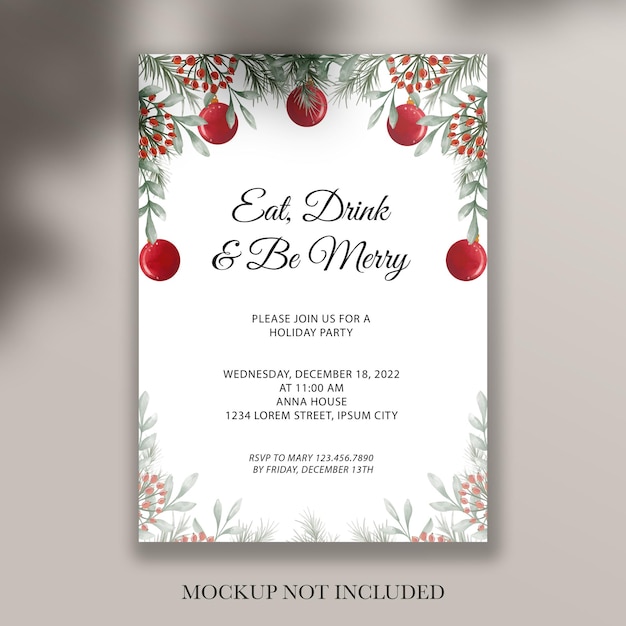 Greenery Leaf and Berry Red Invitation Christmas Party Template