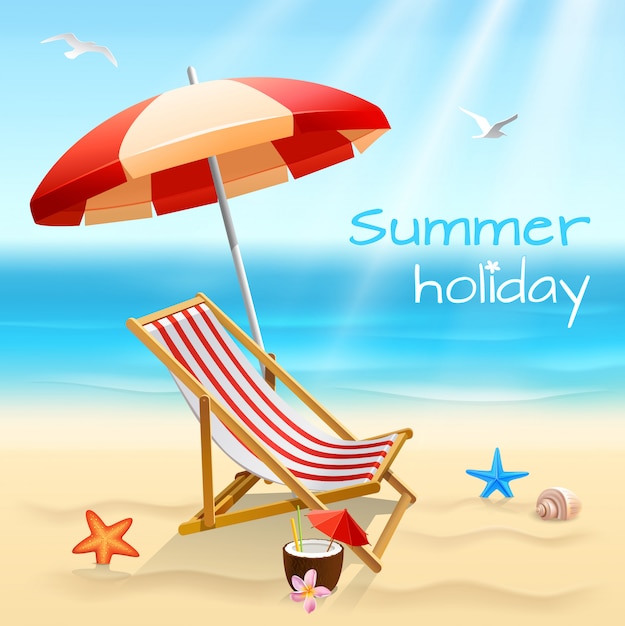 Summer Holidays Beach Background Poster with Chair, Starfish, and Cocktail Vector Illustration