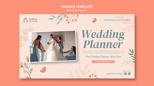 Wedding Planner Horizontal Banner Template with Watercolor Floral Design