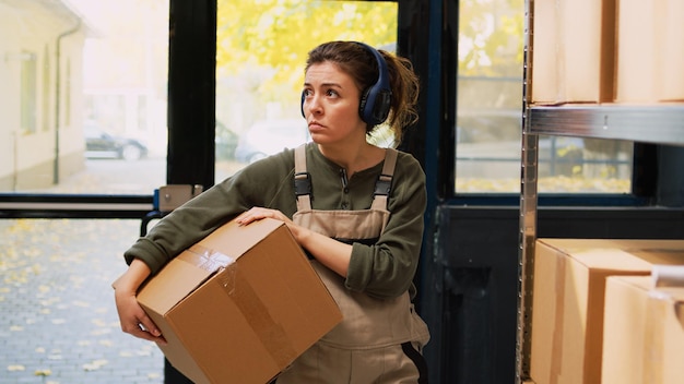 Employee Moving Stock Boxes on Racks, Listening Music on Headset