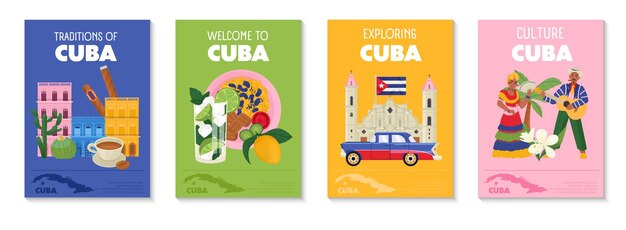 Cuba Traditions and Culture Vertical Posters Set with Cuban Cuisine People Architecture Vector Illustration