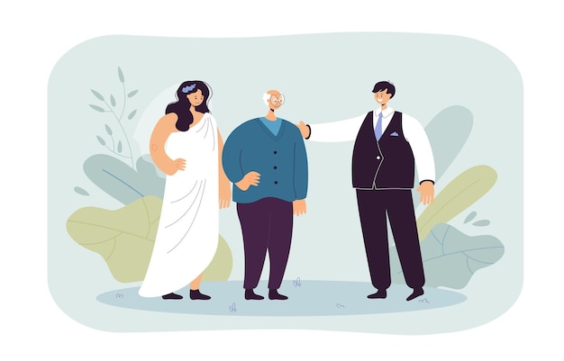 Bride and Groom Standing with Elderly Father: Free Download Flat Vector Illustration