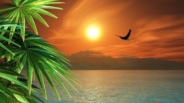 3d render of an eagle flying over the ocean in a tropical landscape