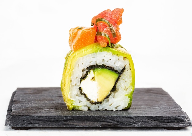 Closeup Shot of Delicious Sushi Roll on White Background