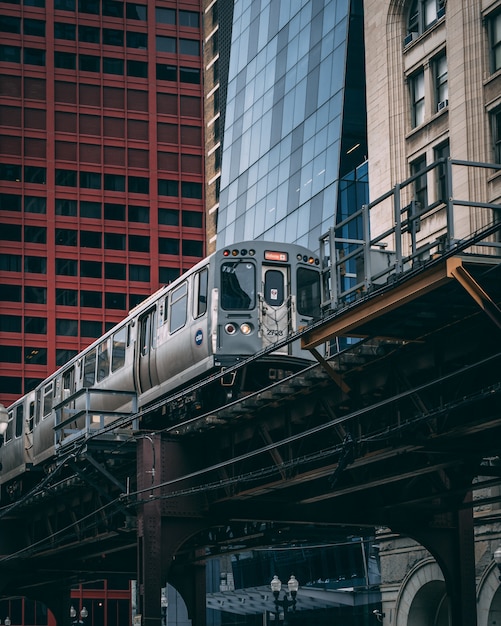 Industrial view of an elevated subway train in Chicago