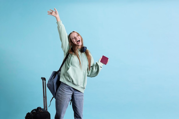 Cheerful Wanderlust Tourist Backpacking Happy to Visit Attractions