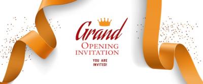 Grand Opening Invitation with Confetti and Gold Ribbons