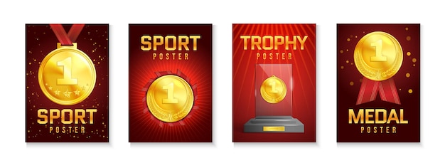 Sport Trophy Ad Poster Set with Medals, Red Ribbons, Glass Award on Pedestal – Vector Illustration