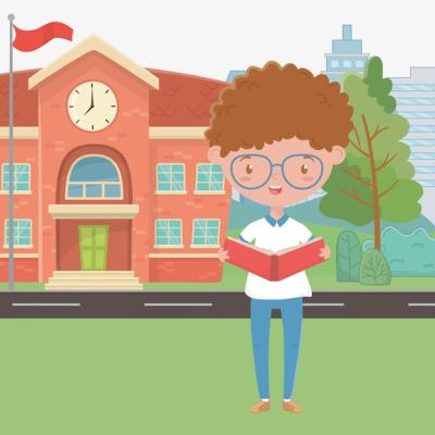 School building and boy cartoon