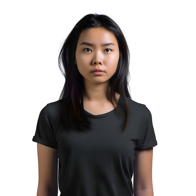 Asian Woman in Black T-Shirt Isolated on White Background