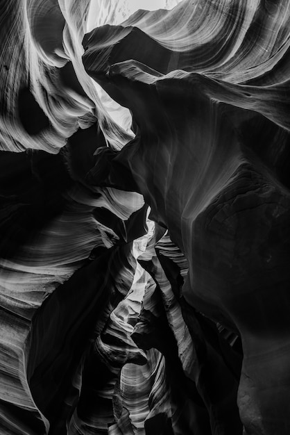 Vertical greyscale shot of beautiful cliffs in Antelope Canyon, USA