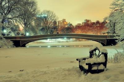 Central Park winter with frozen lake and chair at night in midtown Manhattan New York City