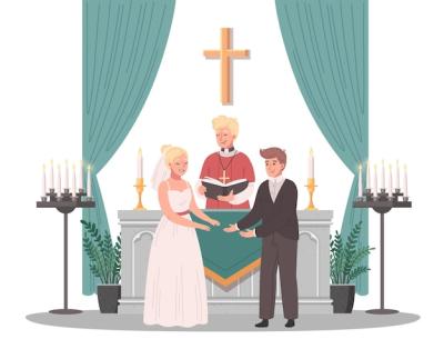 Christian Church Cartoon Scene with Priest Conducting Wedding Ceremony Vector Illustration