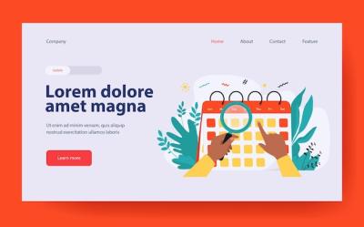 Hands with magnifier checking calendar landing page in flat style – Vector Templates